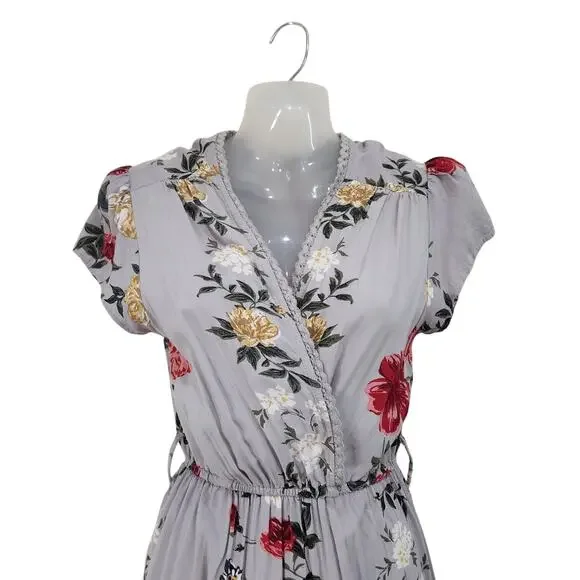 Angie Floral Crochet Trim Midi Faux Wrap Dress Cap Sleeve Multicolor Size Small - Picture 4 of 8